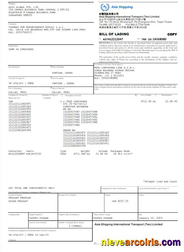 SINGAPORE ASIA SHIPPING utility bill